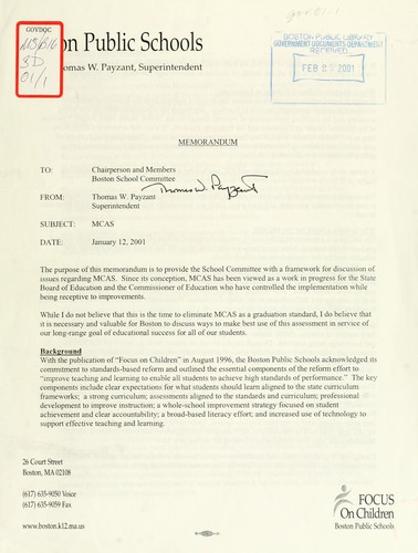 Cover for Memorandum: mcas