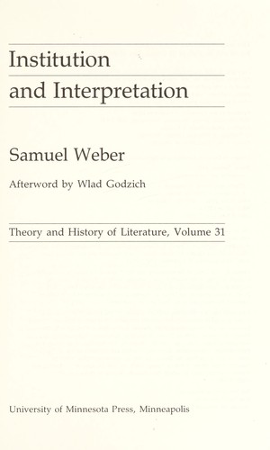 Cover for Institution and interpretation