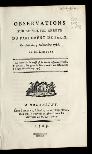 Cover for Observations sur le nouvel arre te  du Parlement de Paris, en date du 5 de cembre 1788