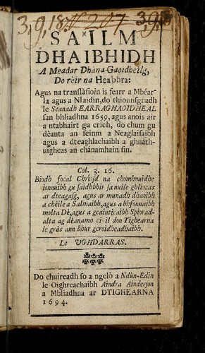Cover for Sailm Dhaibhidh a meadar dhàna Gaoidheilg, do rèir na Heabhra