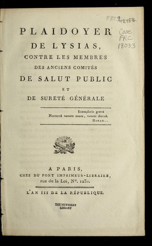Cover for Plaidoyer de Lysias contre les membres des anciens Comite s de salut public et de surete  ge ne rale
