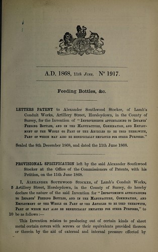 Cover for Specification of Alexander Southwood Stocker
