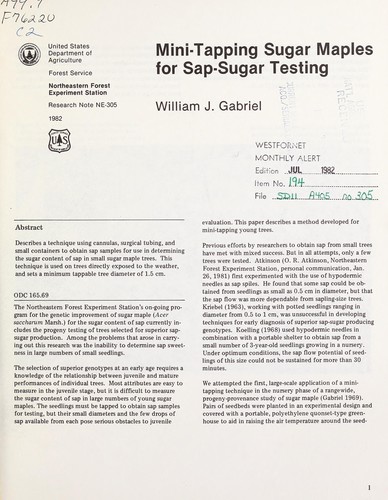 Cover for Mini-tapping sugar maples for sap-sugar testing