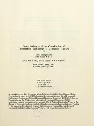 Cover for Some estimates of the contribution of information technology to consumer welfare