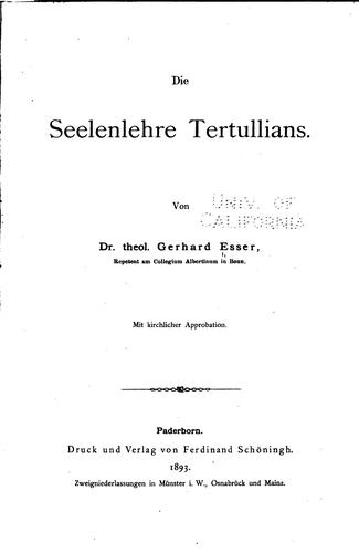 Cover for Die Seelenlehre Tertullians...