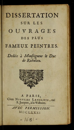 Cover for Dissertation sur les ouvrages des plus fameux peintres ...