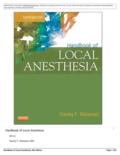 Cover for Handbook of local anesthesia