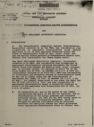 Cover for Worksharing agreement between Massachusetts Commission Against Discrimination and Equal Employment Opportunity Commission