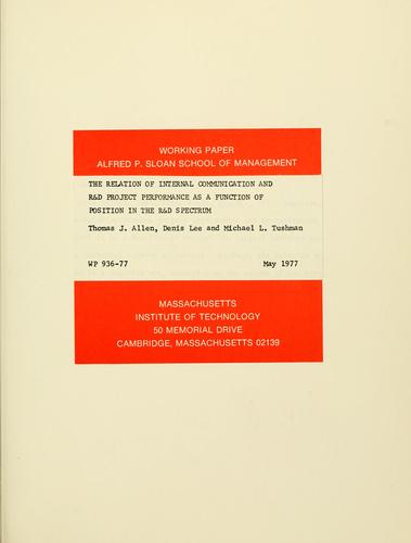 Cover for The relation of internal communication and R&D project performance as a function of position in the R&D spectrum