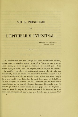 Cover for Sur la physiologie de l'©♭pith©♭lium intestinal