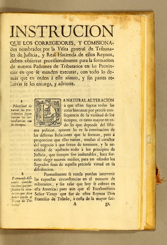 Cover for Instrucion que los corregidores, y comisionados nombrados por la visita general de tribunales de justicia, y real hacienda de estos reynos, deben observar provisionalmente para la formacion de nuevos padrones de tributarios en las provincias en que se manden executar, con todo lo demàs que en orden â este asunto, y sus partes relativas se les encarga, y advierte