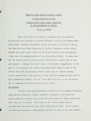 Cover for REPORT TO THE ONTARIO ECONOMIC COUNCIL ON THE SUBMISSION OF THE NIAGARA BASIC POWER USERS' COMMITTEE TO THE GOVERNMENT OF ONTARIO