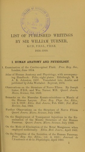 Cover for List of published writings by Sir William Turner, K.C.B., F.R.S.L., P.R.S.E., 1854-1910