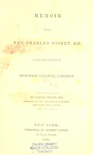 Cover for Memoir of the Rev. Charles Nisbet, late president of Dickinson College, Carlisle