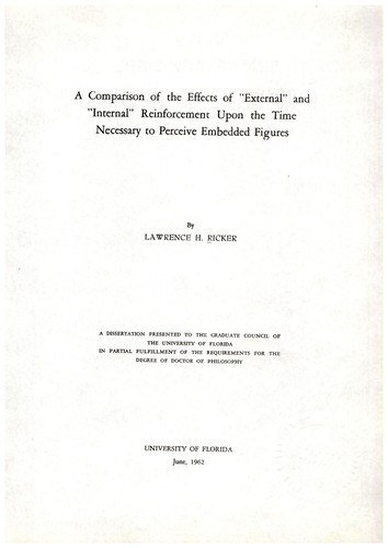 Cover for A comparison of the effects of "external" and "internal" reinforcement upon the time necessary to perceive embedded figures
