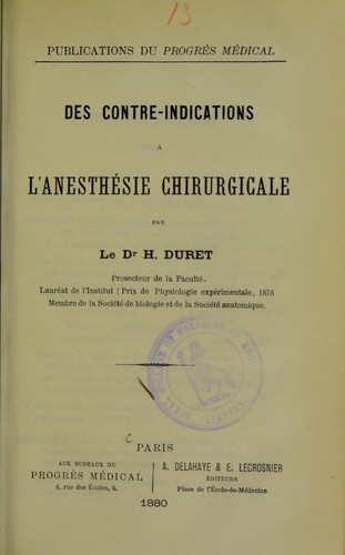 Cover for Des contre-indications à l'anesthésie chirurgicale