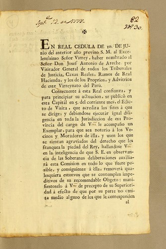 Cover for En real cedula de 10 de junio del anterior año previno S.M. al excelentìsimo señor virrey, haber nombrado al señor don Josef Antonio de Areche