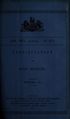 Cover for Specification of John Dunkley