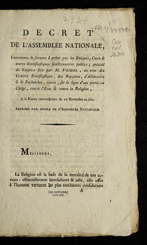 Cover for De cret de l'Assemble e nationale, concernant le serment a   pre ter par les e ve ques, cure s & autres eccle siastiques fonctionnaires publics