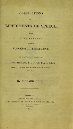 Cover for Observations on impediments of speech : with some remarks on their successful treatment. In a letter addressed to T.J. Pettigrew ...
