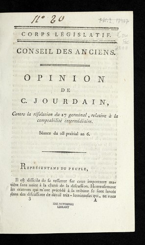 Cover for Opinion de C. Jourdain contre la re solution du 27 germinal, relative a   la comptabilite  interme diaire