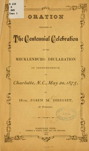 Cover for Oration delivered at the centennial celebration of the Mecklenburg Declaration of Independence, at Charlotte, N.C., May 20, 1875