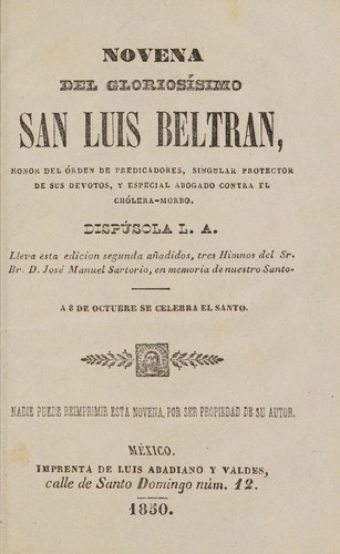 Cover for Novena del gloriosísimo San Luis Beltran ...