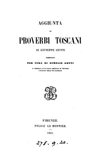 Cover for Raccolta di proverbi toscani con illustrazioni, ampliata ed ordinata [by G. Capponi. With ...