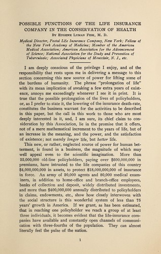 Cover for The possible functions of the life-insurance company in the conservation of health