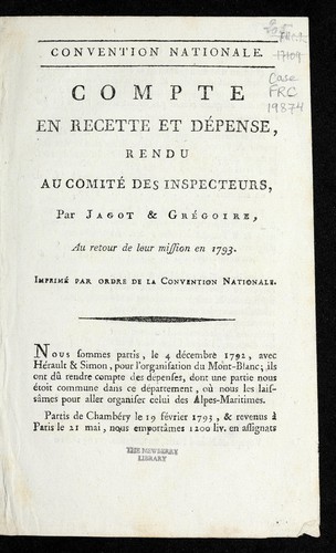 Cover for Compte en recette et de pense, rendu au Comite  des inspecteurs, par Jagot & Gre goire, au retour de leur mission en 1793