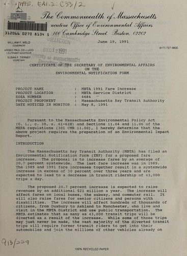 Cover for Certificate of the Secretary of Environmental Affairs on the environmental notification form